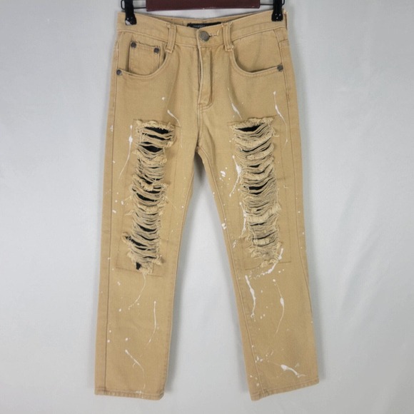Trestles Supply Co. Jeans Boys 12 Tan Denim Straight Leg Distressed Paint Splash - Picture 1 of 13